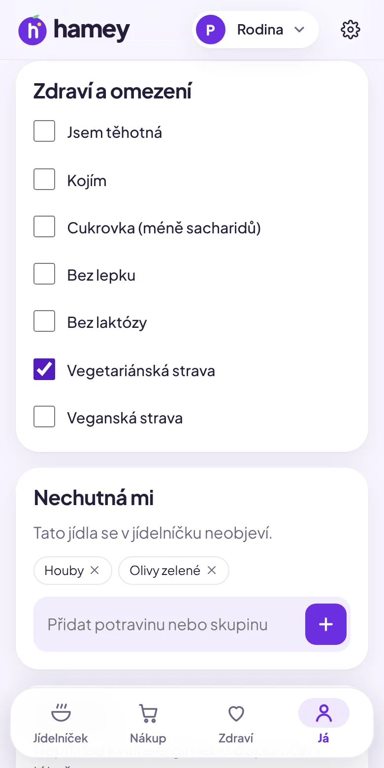 Zdraví a omezení v aplikaci Hamey: vegetariánská strava a jídla, která vám nechutnají