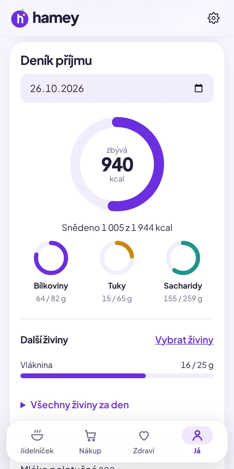Deník příjmu v aplikaci Hamey: kolik kalorií dnes zbývá a grafy živin