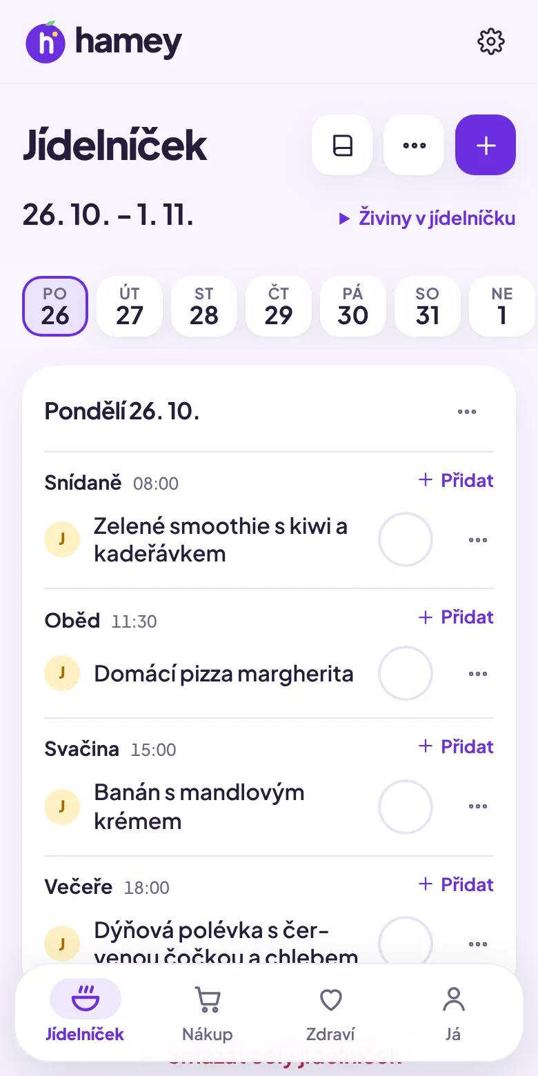 Jídelníček v aplikaci Hamey na týden: snídaně, oběd, svačina a večeře