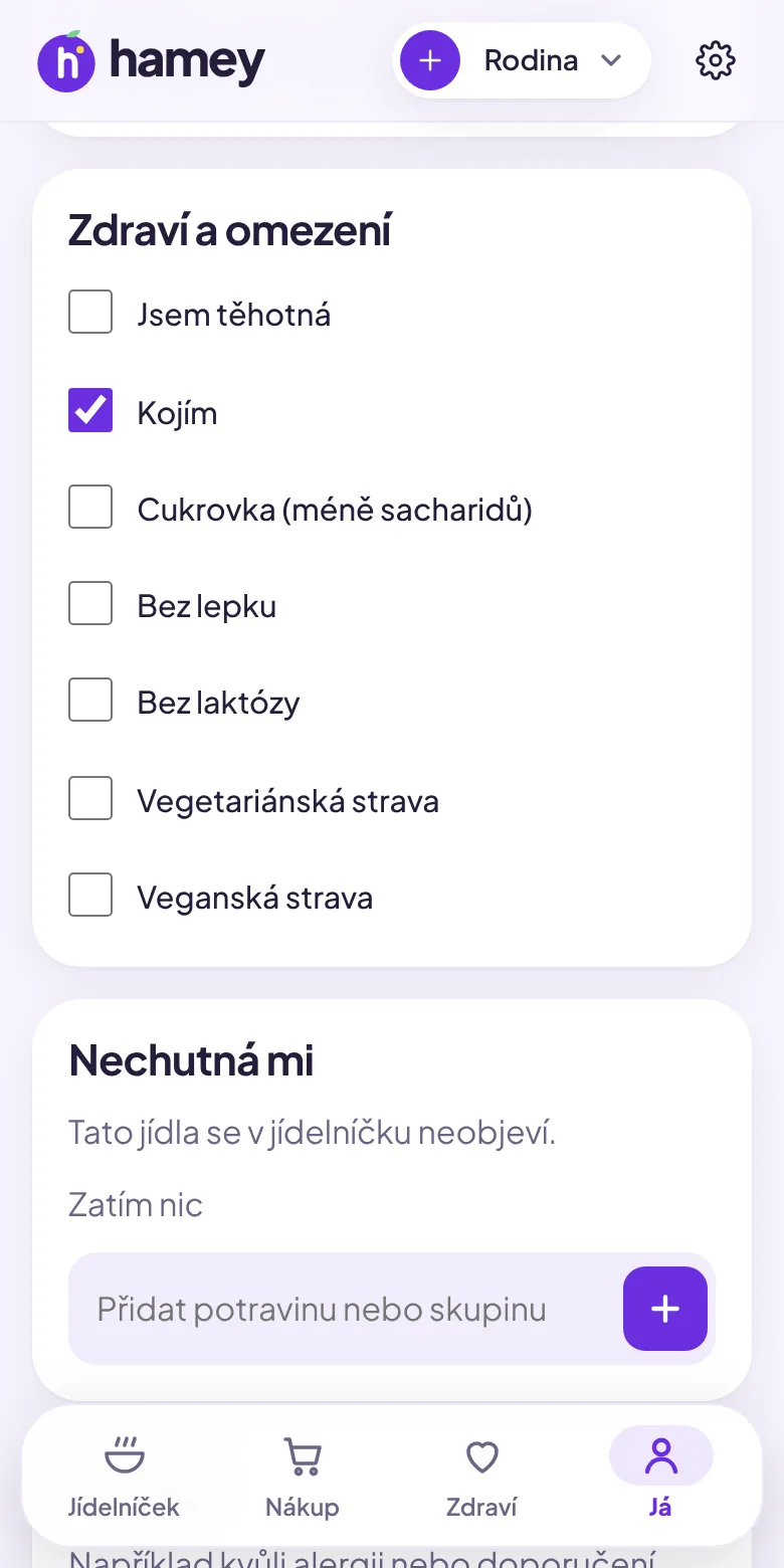 Profil v aplikaci Hamey: Zdraví a omezení se zaškrtnutou volbou Kojím