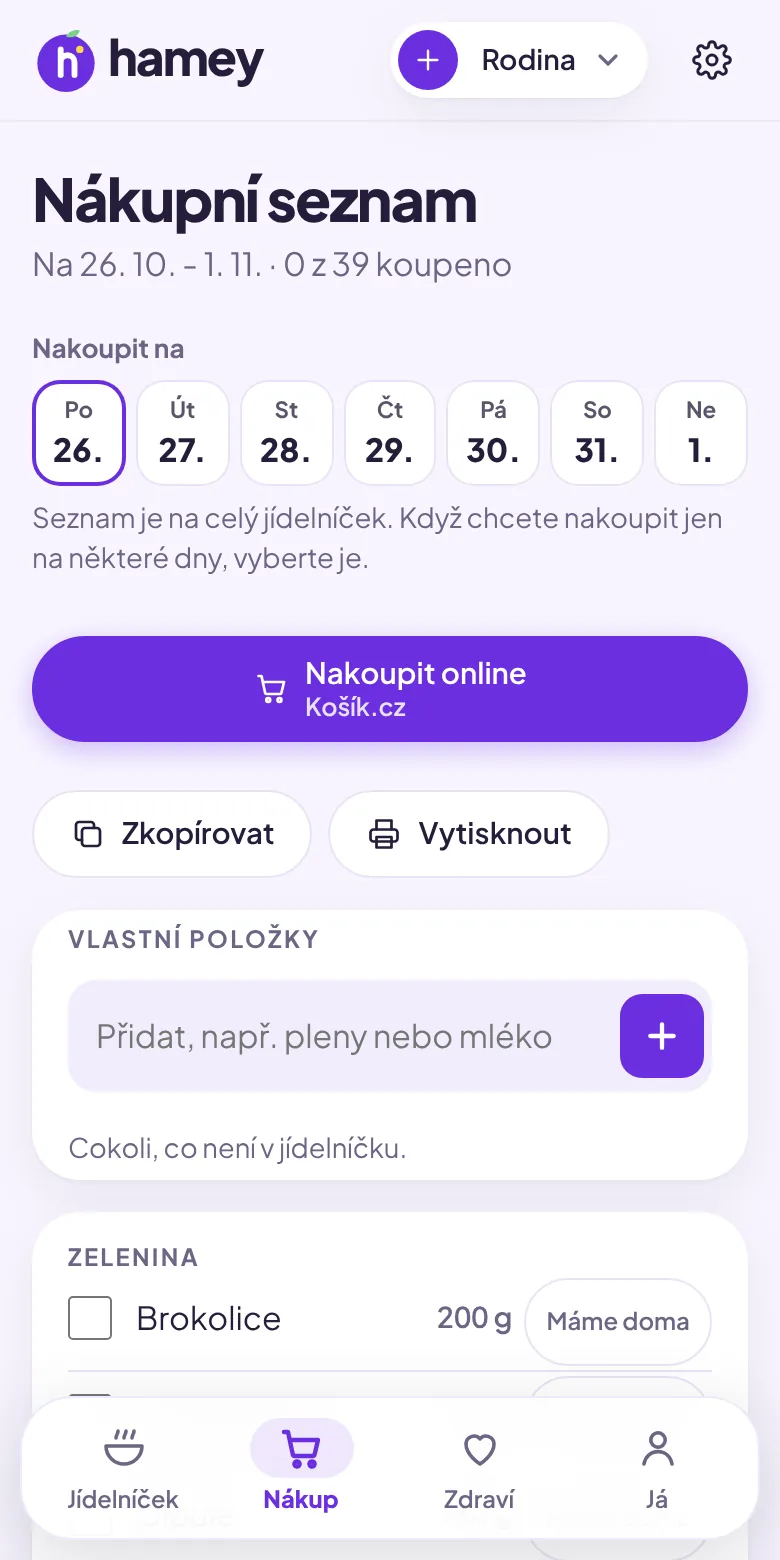 Nákupní seznam v aplikaci Hamey s tlačítkem Nakoupit online