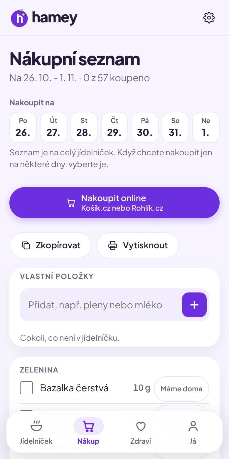 Nákupní seznam v aplikaci Hamey seřazený podle oddělení, s tlačítkem Nakoupit online