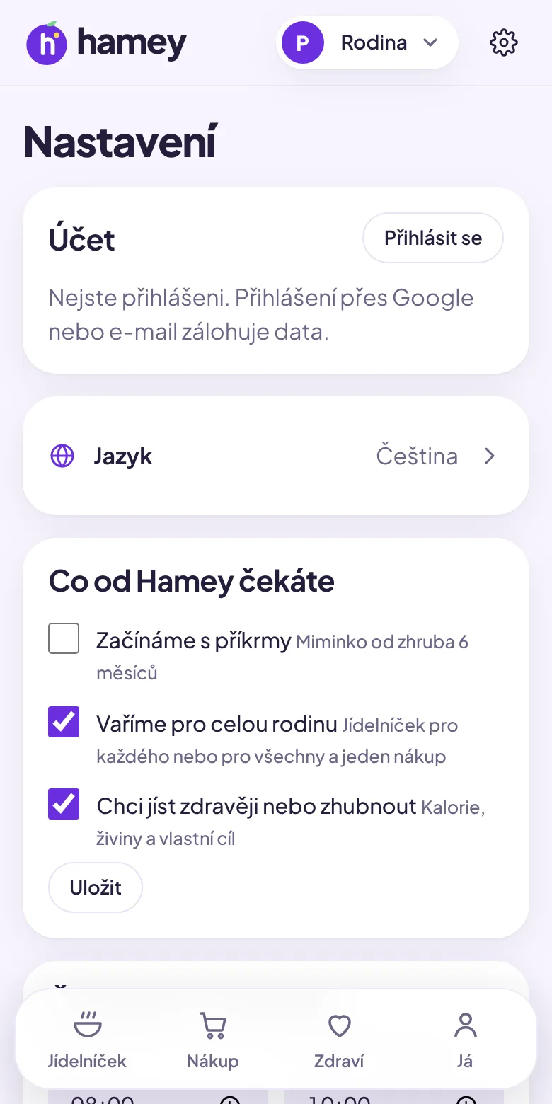 Nastavení v aplikaci Hamey: účet, jazyk a co od Hamey čekáte