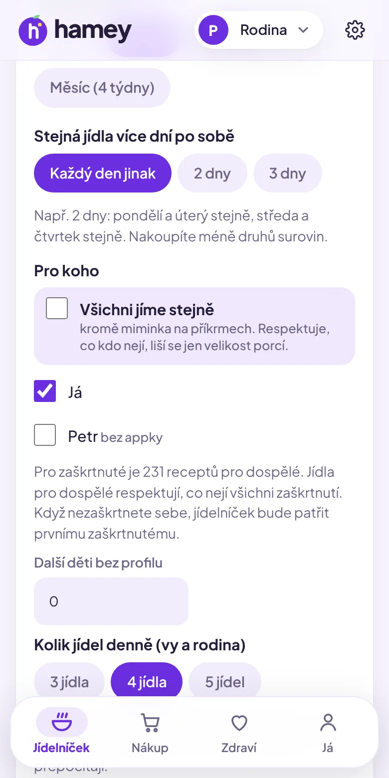 Nový jídelníček v aplikaci Hamey: pro koho, Všichni jíme stejně a kolik jídel denně