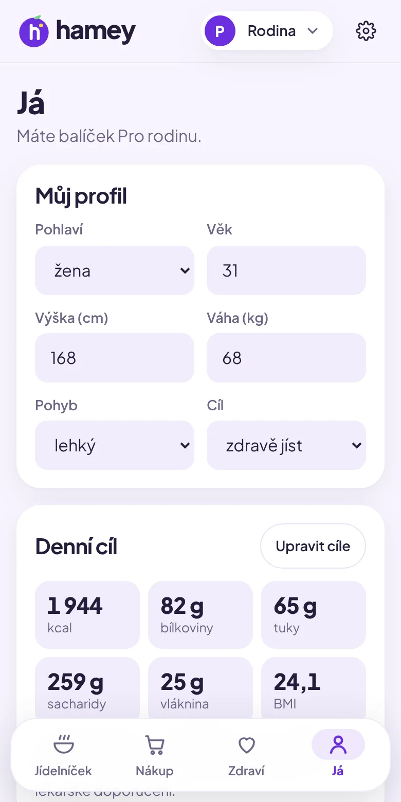 Záložka Já v aplikaci Hamey: profil a denní cíl kalorií a živin