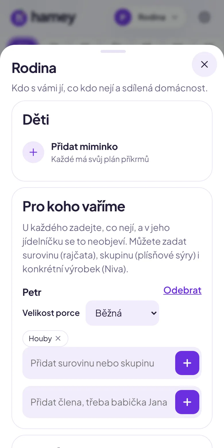 Rodina v aplikaci Hamey: pro koho vaříme, velikost porce a co kdo nejí
