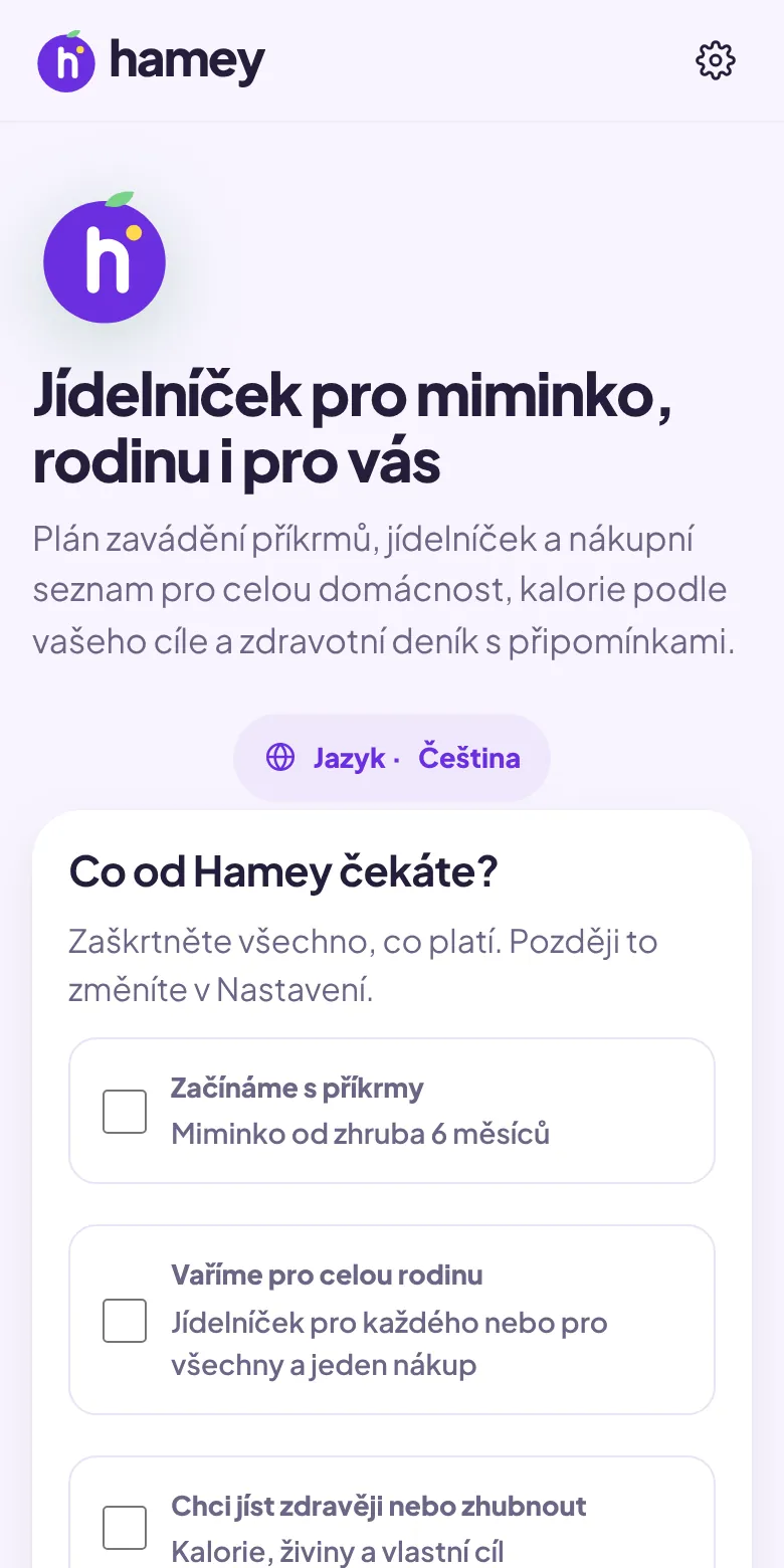 Úvodní obrazovka Hamey s otázkou Co od Hamey čekáte a třemi možnostmi