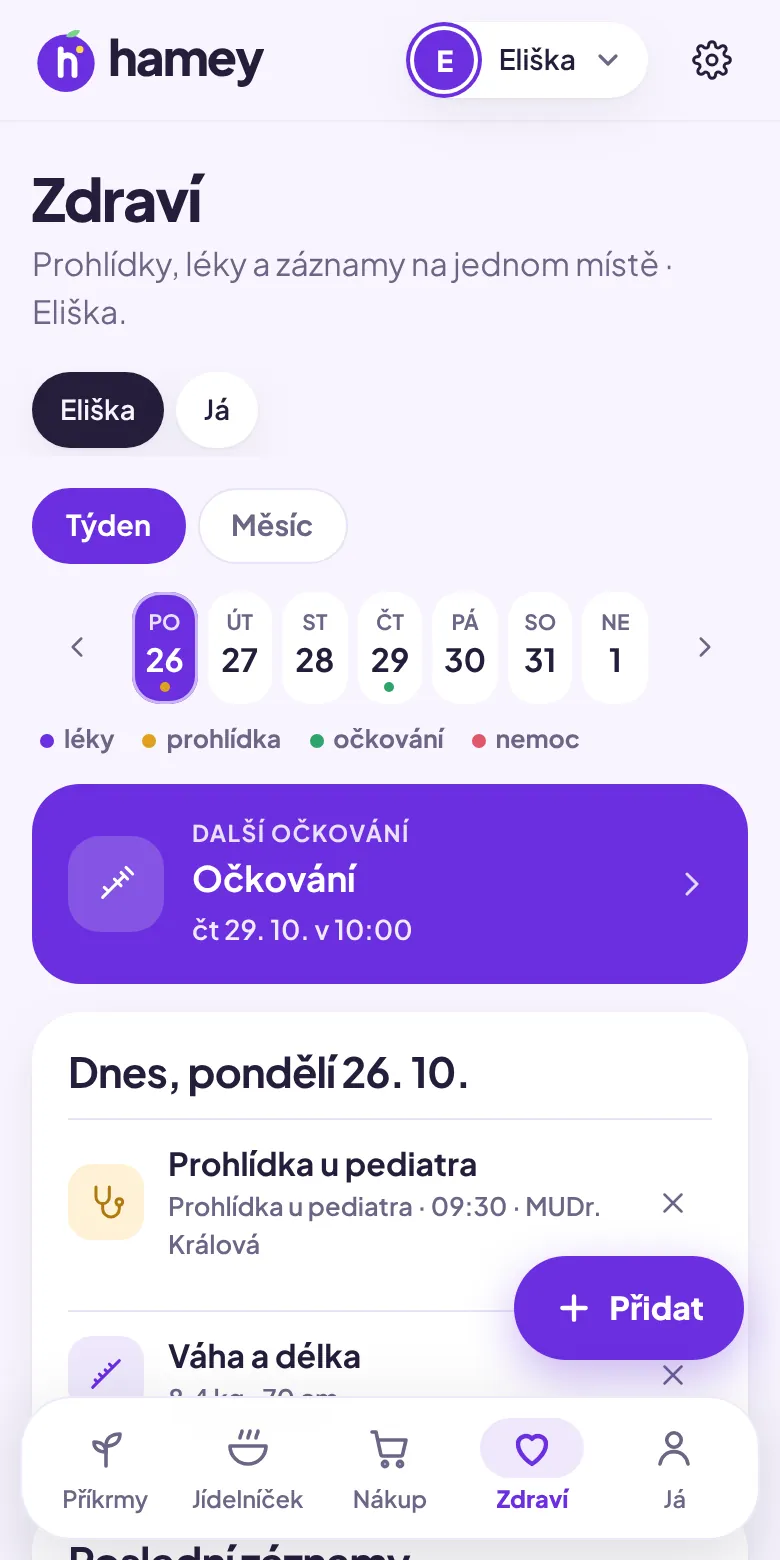 Zdraví v aplikaci Hamey: kalendář, další očkování a prohlídka dítěte