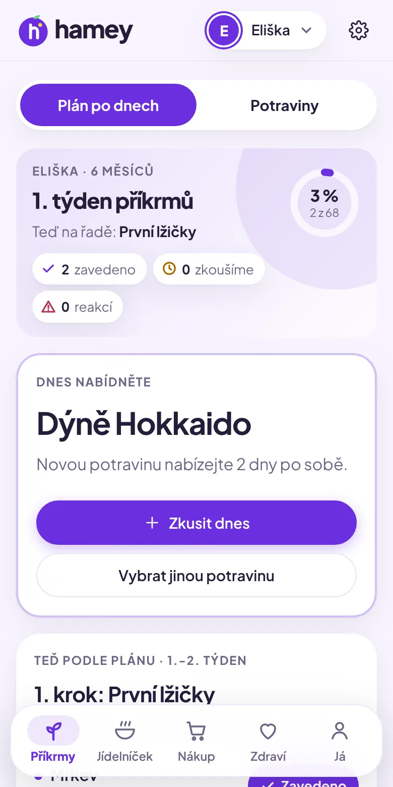 Příkrmy v aplikaci Hamey: co dnes miminku nabídnout